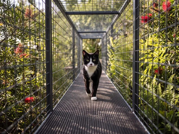 Cat walking through a mesh tunnel