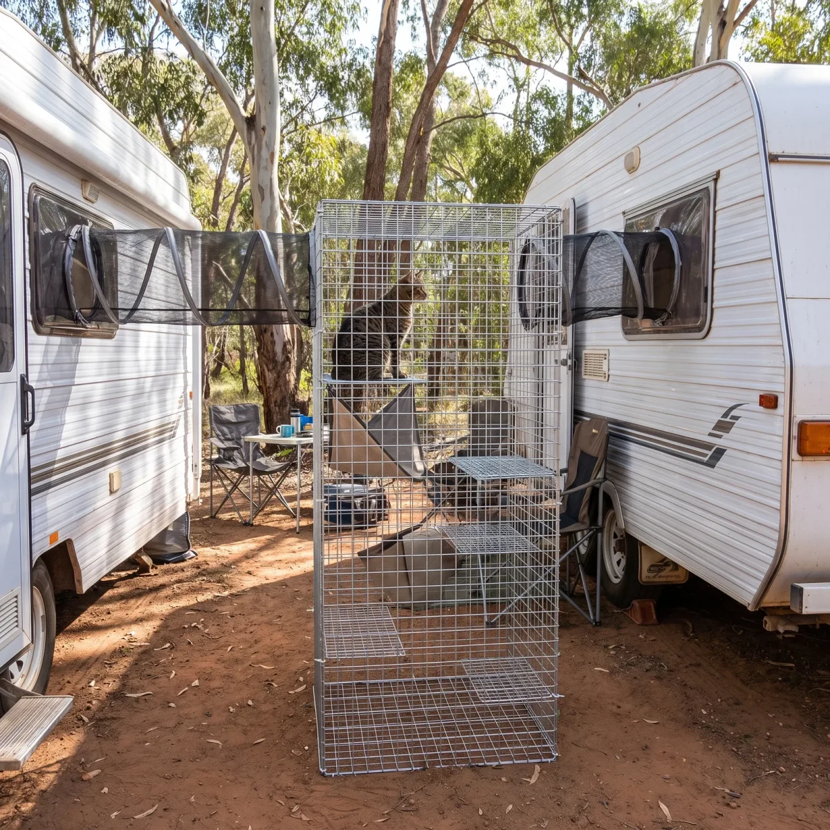 The Roadtripper travel kit beside a caravan