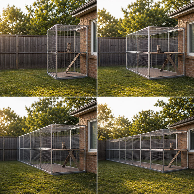 Modular enclosure panels expanding across a garden