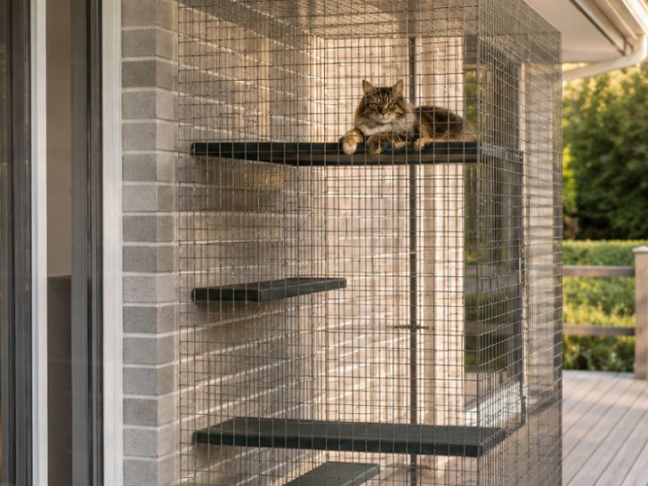 Cat sitting in a garden enclosure