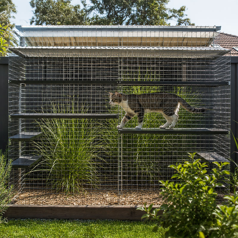 Cat lounging in a spacious backyard enclosure